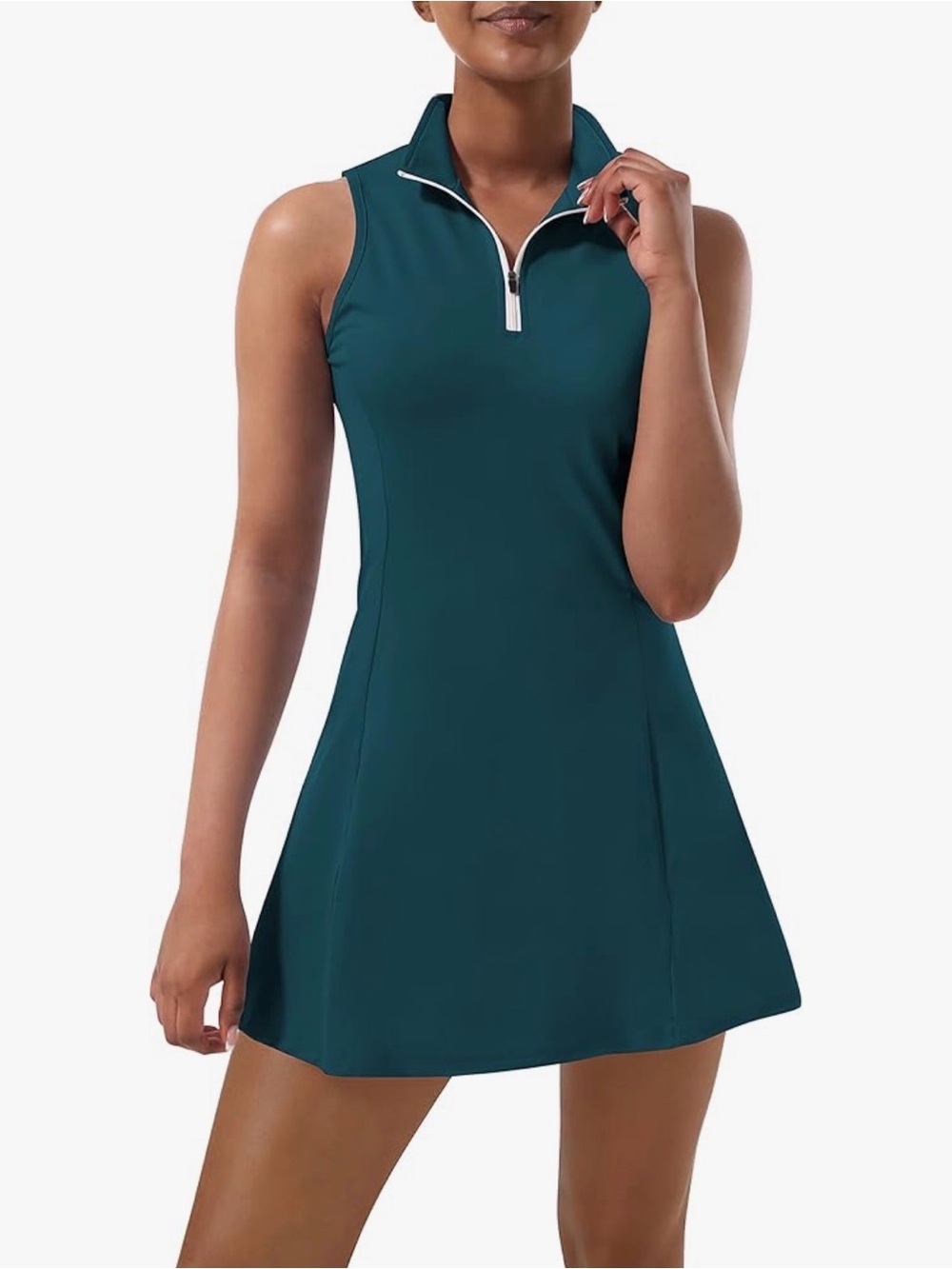 Green Sleeveless Zip-Front Tennis Dress with Matching Shorts